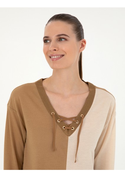 Kadın Bej Comfort Fit Örme Bluz 50283412-VR011