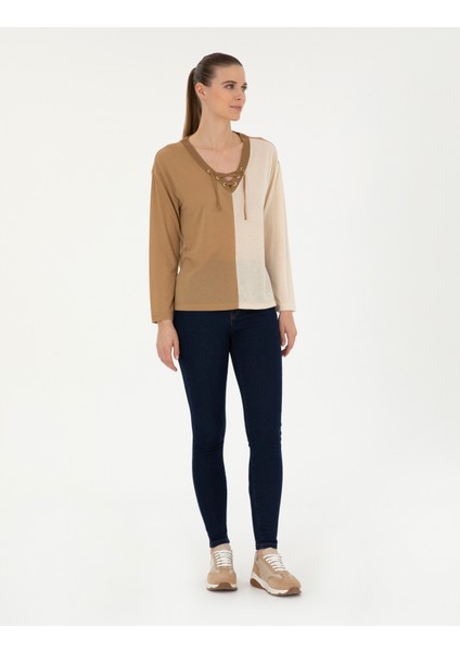 Kadın Bej Comfort Fit Örme Bluz 50283412-VR011