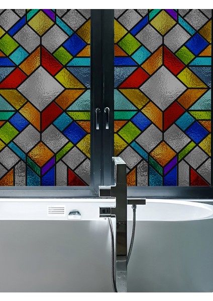 SF 620 Renkli Geometrik Desenli Şeffaf Vitray Cam Kaplama Yapışkanlı Folyo fiyatları