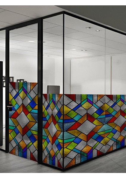 SF 620 Renkli Geometrik Desenli Şeffaf Vitray Cam Kaplama Yapışkanlı Folyo modelleri
