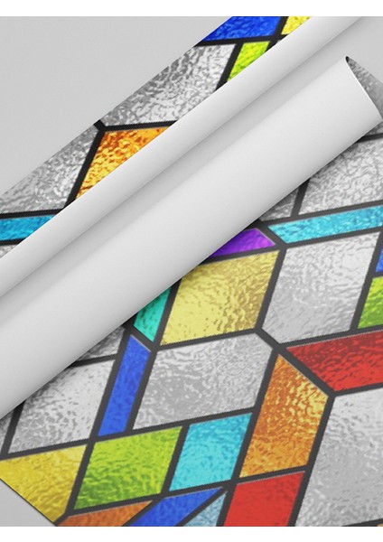 SF 620 Renkli Geometrik Desenli Şeffaf Vitray Cam Kaplama Yapışkanlı Folyo fırsatları