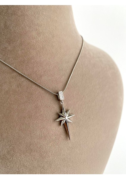 Kuzey Yıldızı Uçlu İnce İtalyan Zincir Çelik Kolye - Silver fiyatları