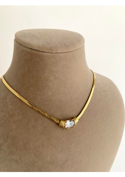 Oval Taşlı Italyan Ezme Çelik Kolye - Gold fiyatları