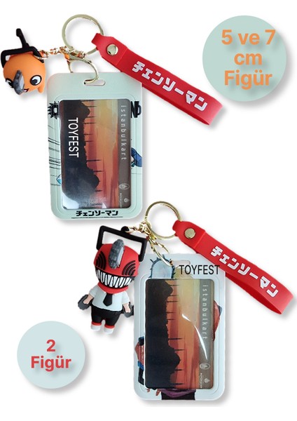 Chainsaw Man Japon Anime Pochita ve Denji Figürlü Anahtarlık Çanta Aksesuarı ve Kartlık - 2 Adet