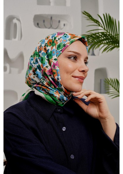 Çiçek Desen Yeşil Soft Pamuk Eşarp