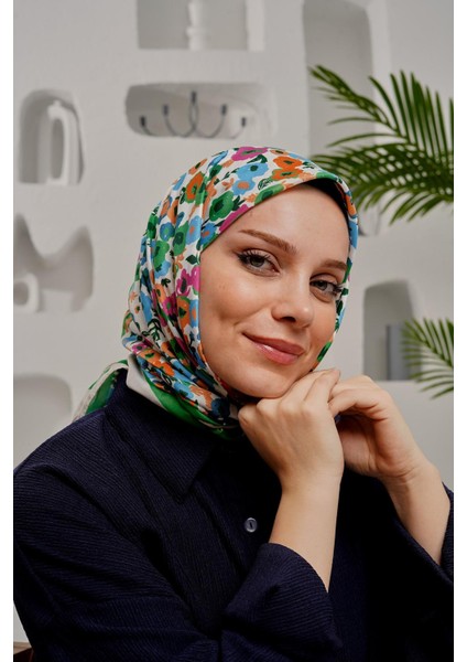 Çiçek Desen Yeşil Soft Pamuk Eşarp