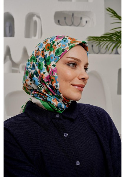 Çiçek Desen Yeşil Soft Pamuk Eşarp