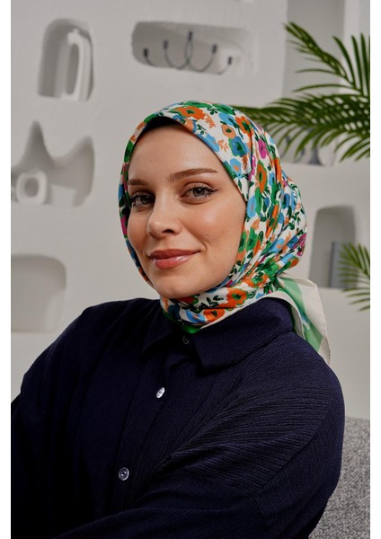 Çiçek Desen Yeşil Soft Pamuk Eşarp