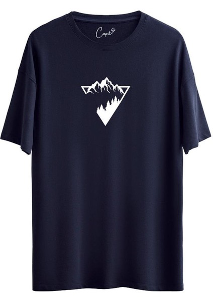 Pamuklu Triangle Nature Baskılı Lacivert Oversize Tişört