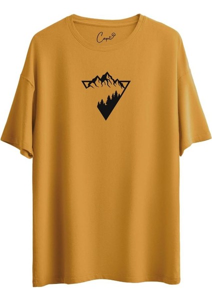 Pamuklu Triangle Nature Baskılı Haki Oversize Tişört