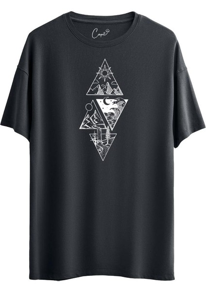 Pamuklu 4 Triangle Nature Baskılı Haki Oversize Tişört