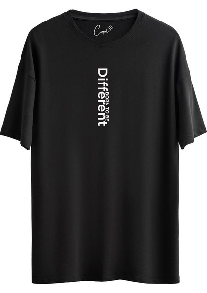 %100 Pamuklu Different Baskılı Siyah Oversize Tişört