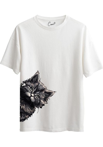 Pamuklu Kedi Baskılı Füme Kısa Kollu Oversize Tişört