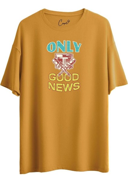 %100 Pamuklu Good News Baskılı Kiremit Oversize Tişört