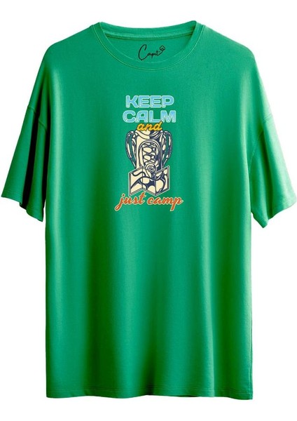 %100 Pamuklu Just Camp Baskılı Beyaz Oversize Tişört
