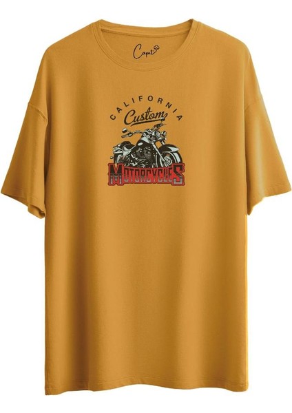 Pamuklu Motorcycles Baskılı Hardal Oversize Tişört
