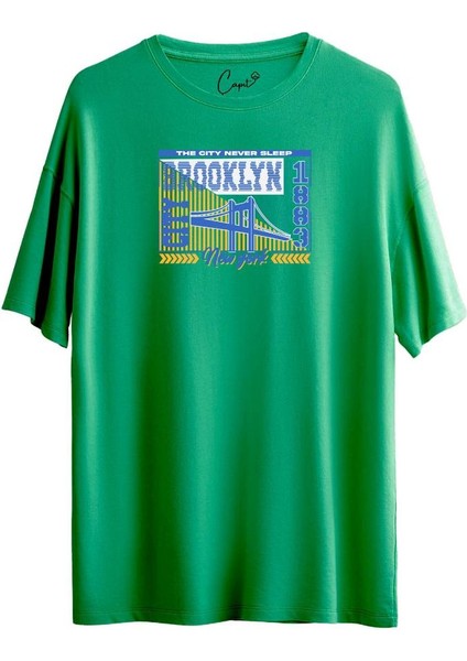 %100 Pamuklu Brooklyn Baskılı Yeşil Oversize Tişört