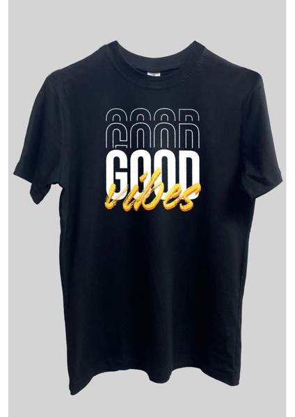 Pamuk Standart Kesim Sıfır Yaka Kısa Kollu Good Vibes Baskılı Siyah Tişört