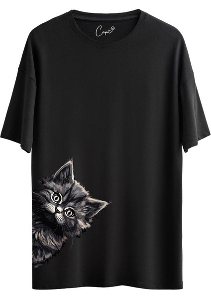 Pamuklu Kedi Baskılı Füme Kısa Kollu Oversize Tişört