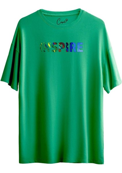 %100 Pamuklu Inspire Baskılı Yeşil Oversize Tişört