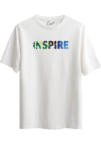 %100 Pamuklu Inspire Baskılı Yeşil Oversize Tişört