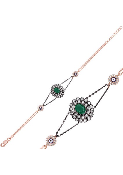 Gümüş Rose Mat Yeşil Taşlı Otantik Bileklik fiyatları