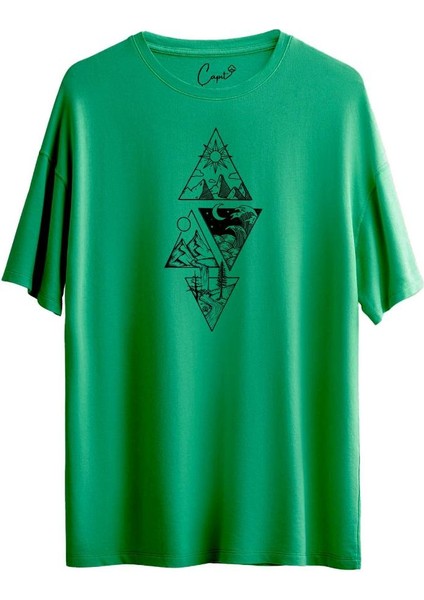Pamuklu 4 Triangle Nature Baskılı Hardal Oversize Tişört