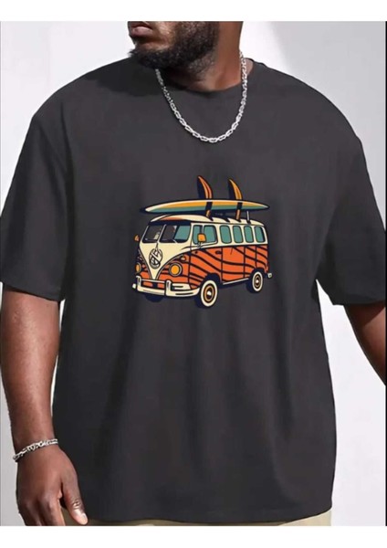 Erkek Minibüs Baskılı Bisiklet Yaka Salaş Oversize Boyfriend Beyaz, Siyah T-Shirt