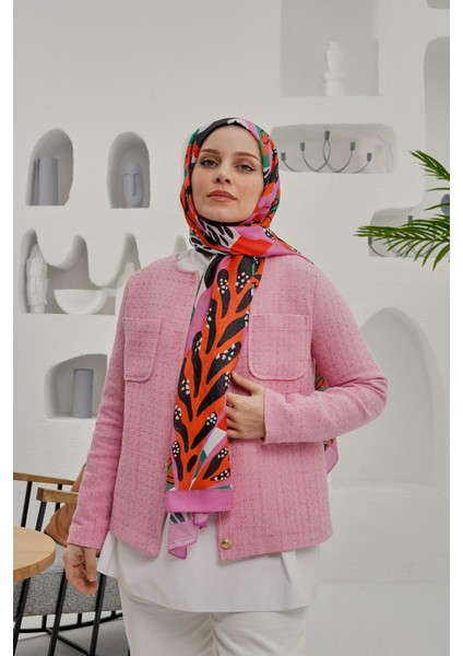 Tropikal Yaprak Desen Pembe Soft Pamuk Şal