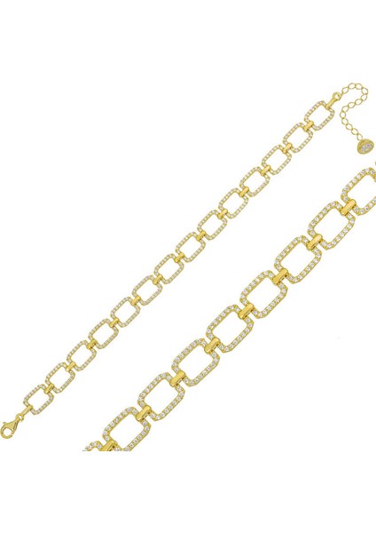 925 Ayar Gümüş Gold Kare Taşlı Bileklik
