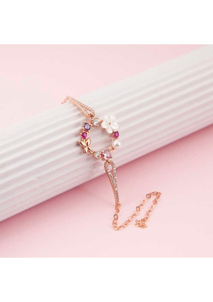 925 Ayar Gümüş Rose Manolya Çiçeği Kelebek Kadın Bileklik