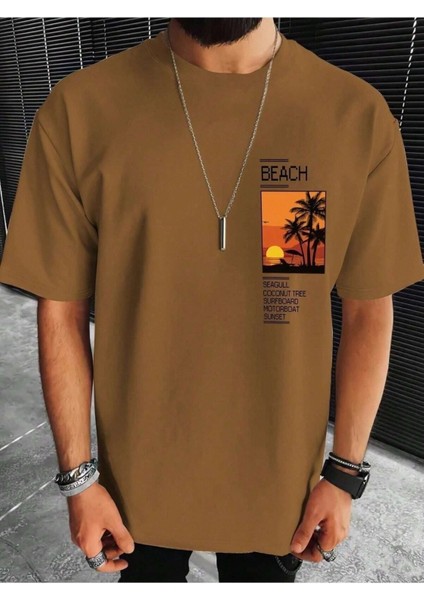 Erkek Beach Baskılı Bisiklet Yaka Salaş Oversize Boyfriend Beyaz, Mavi, Siyahi Kahverengi T-Shirt fiyatları