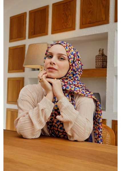 Leopar Desen Lacivert Soft Pamuk Şal
