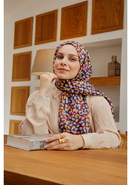 Leopar Desen Lacivert Soft Pamuk Şal