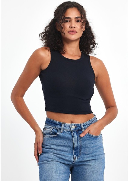 Kadın Gri-Lacivert Fitilli Görünümlü Askılı Kalın Esnek Örme 2'li Basic Crop Atlet Bluz