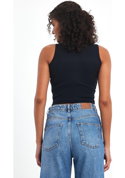 Kadın Gri-Lacivert Fitilli Görünümlü Askılı Kalın Esnek Örme 2'li Basic Crop Atlet Bluz