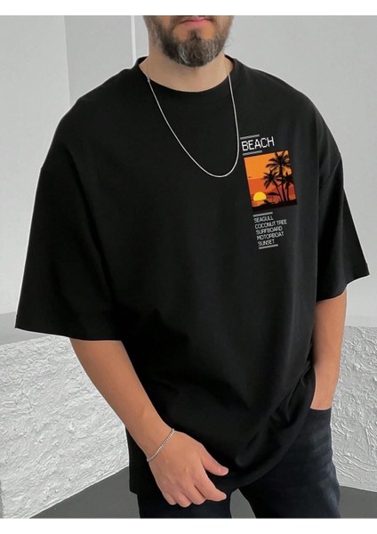 Erkek Beach Baskılı Bisiklet Yaka Salaş Oversize Boyfriend Beyaz, Mavi, Siyahi Kahverengi T-Shirt