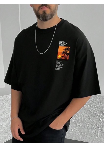 Erkek Beach Baskılı Bisiklet Yaka Salaş Oversize Boyfriend Beyaz, Mavi, Siyahi Kahverengi T-Shirt fiyatları