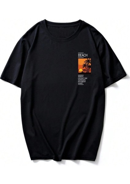 Erkek Beach Baskılı Bisiklet Yaka Salaş Oversize Boyfriend Beyaz, Mavi, Siyahi Kahverengi T-Shirt modelleri