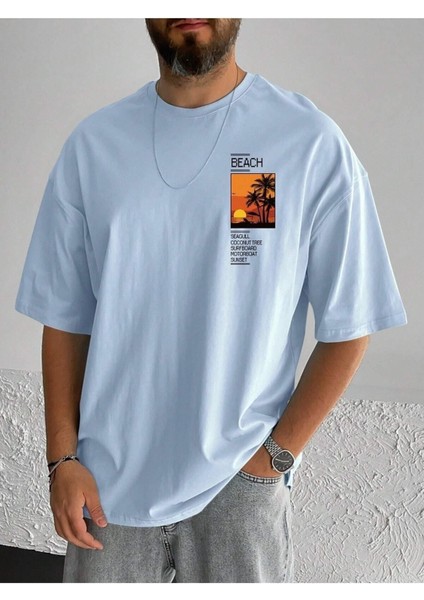 Erkek Beach Baskılı Bisiklet Yaka Salaş Oversize Boyfriend Beyaz, Mavi, Siyahi Kahverengi T-Shirt fiyatları