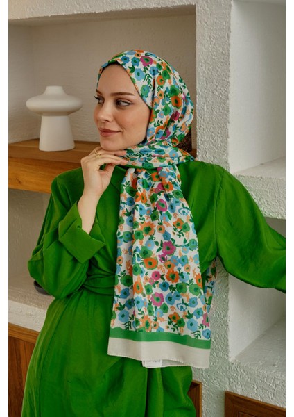 Çiçek Desen Yeşil Soft Pamuk Şal