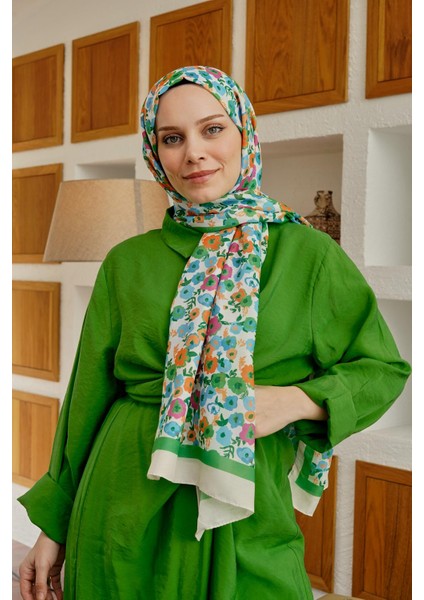 Çiçek Desen Yeşil Soft Pamuk Şal