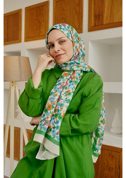 Çiçek Desen Yeşil Soft Pamuk Şal