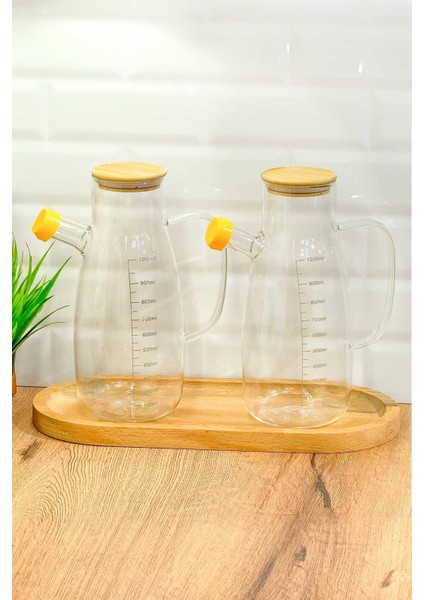 Bambu Kapaklı Vakumlu Borosilikat 2'li Set Cam Yağlık Sirkelik