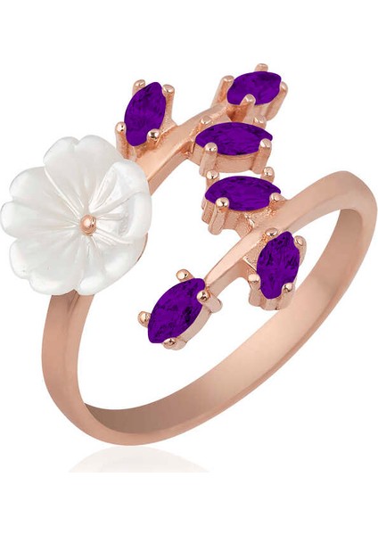 Gümüş Rose Mor Yapraklı Bahar Çiçeği Yüzük indirimleri