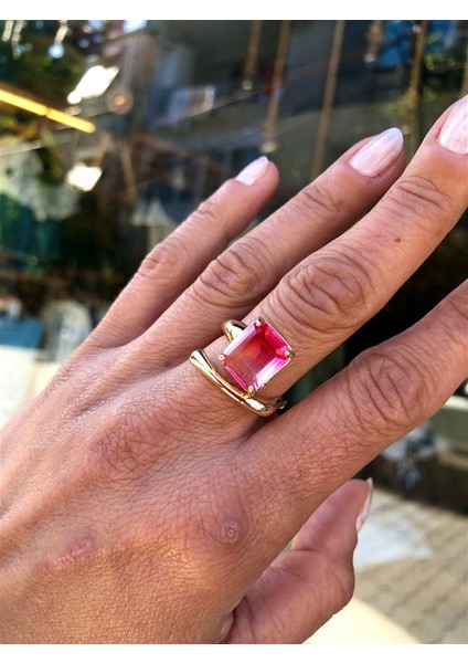 Kadın Yağ Yeşili Rengi Pembe Baget Taşlı Pirinç Yüzük fiyatları