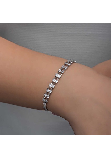 925 Ayar Gümüş Zirkon Taşlı Çift Sıra Kadın Bileklik indirimleri