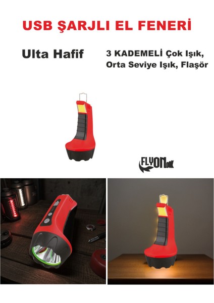 ULTRA HAFİF GÜÇLÜ USB ŞARJL I EL FENERİ HEM FENER HEM ORTAM AYDINLATMASI 3 KADEMELİ LED EL FENERİ