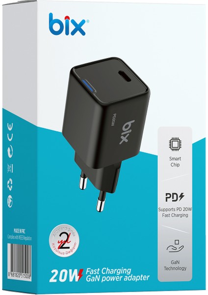 BX1P20G Gan 20W Type-C Pd Akım Korumalı ve LED Göstergeli Hızlı Şarj Cihazı Siyah