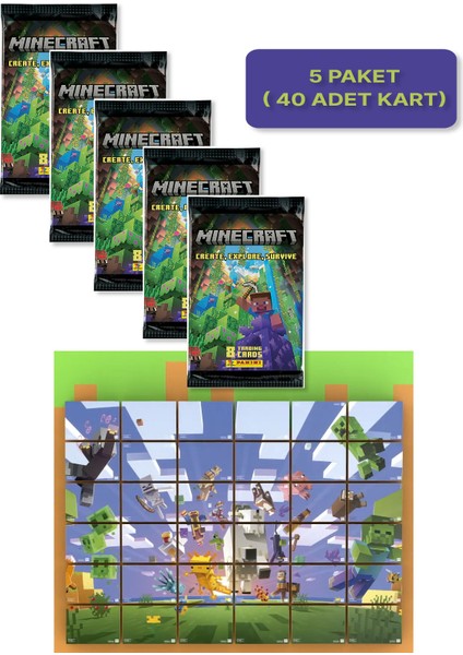 Panini Minecraft Create Explore Survive Trading Card - Minecraft Kartı + 5 Paket ( 40 Kart )